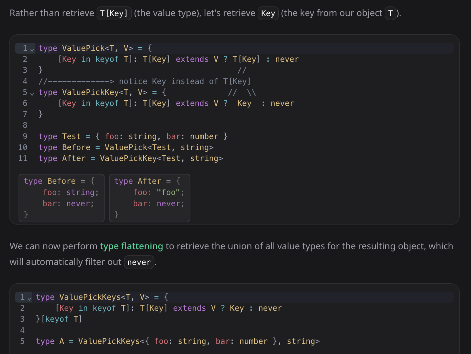 A lesson building a ValuePick mapped type step by step, with the resulting type shown underneath