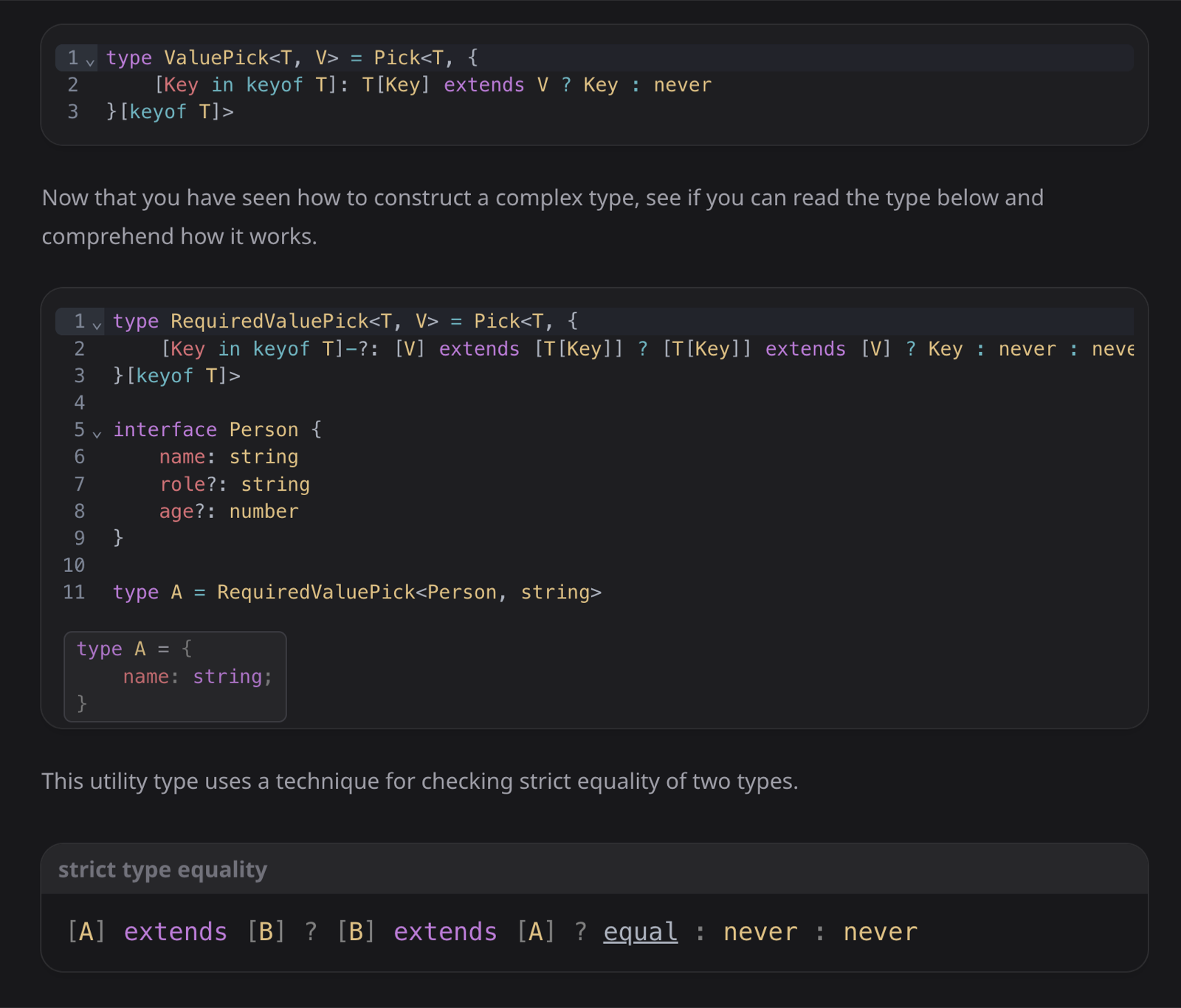 A lesson deriving a RequiredValuePick type, ending in the conditional type used to check strict type equality