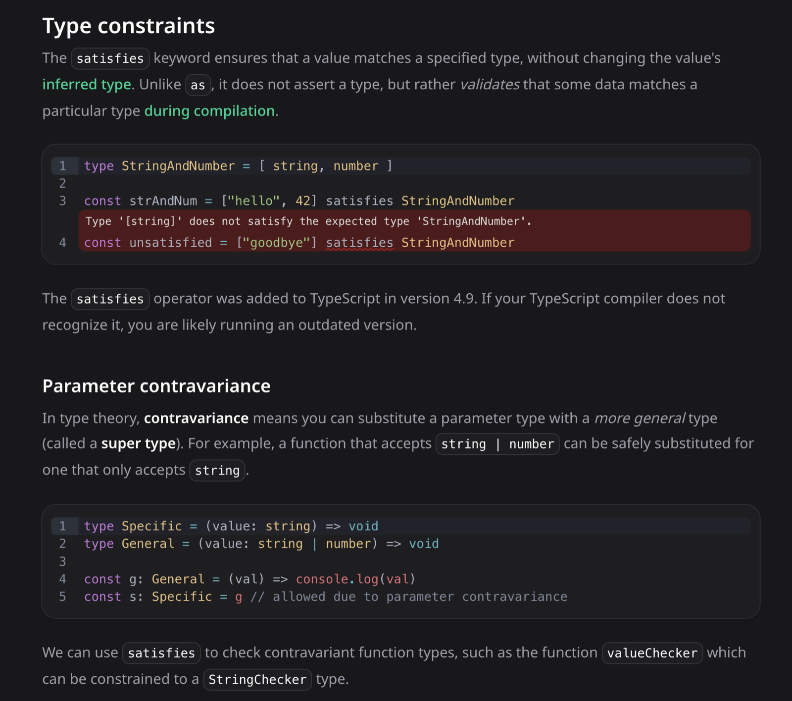 A lesson on the satisfies keyword, with a compilation error highlighted inline in an editable code block