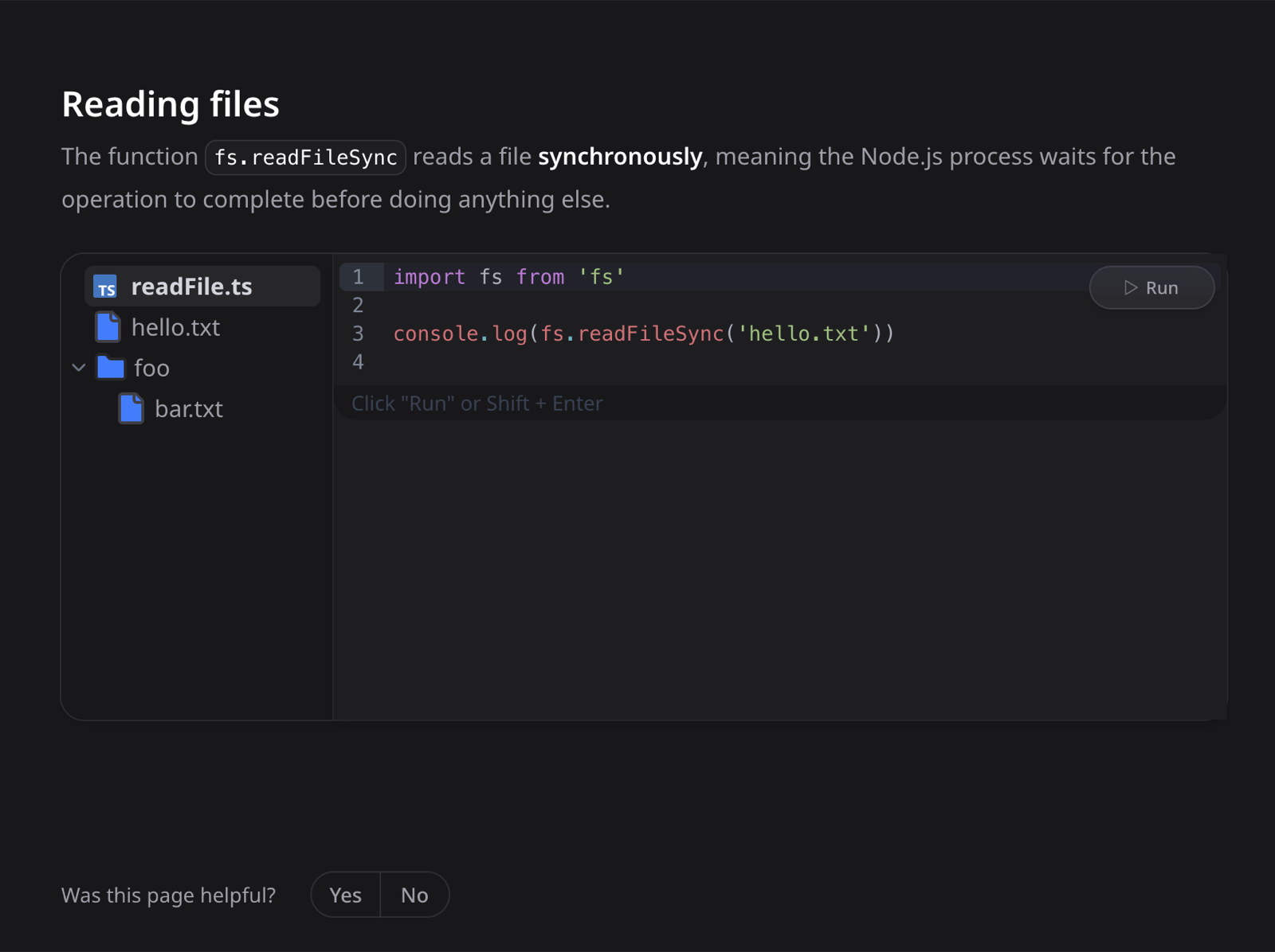 A lesson on reading files, with an editor, a virtual file tree and a Run button